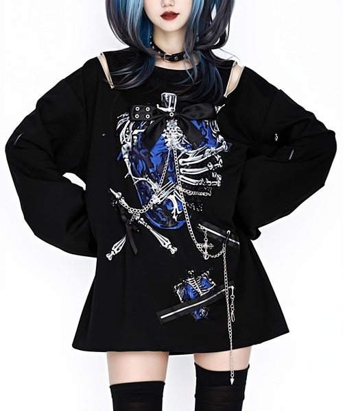 NOVESSEL(ノベセル)の「『AOSPACE/アオスペース』ショルダーZIPロングスリーブTシャツ(Tシャツ/カットソー・レディース・ブラック×ブルー/ブラック×グレー・FREE)」の2枚目の写真