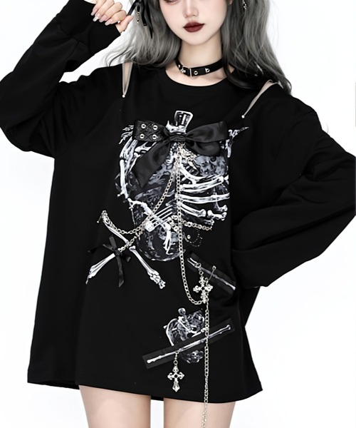 NOVESSEL(ノベセル)の「『AOSPACE/アオスペース』ショルダーZIPロングスリーブTシャツ(Tシャツ/カットソー・レディース・ブラック×ブルー/ブラック×グレー・FREE)」の1枚目の写真