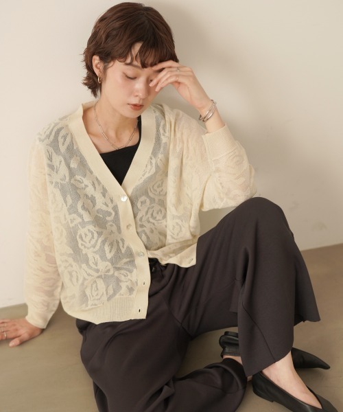 Bou Jeloud(ブージュルード)の「シースルーフラワージャガードニットカーディガン(カーディガン/ボレロ・レディース・ブラック/ベージュ・FREE)」の16枚目の写真