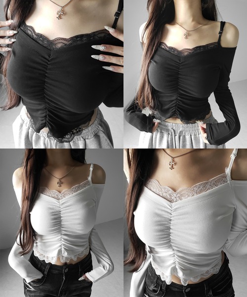 me+em select（ミームセレクト）の「【 ２color 】レースレイヤードギャザーオフショル長袖Ｔシャツ ／ lace layered gather off-shoulder long-sleeved  T-shirts（Tシャツ/カットソー・レディース・ホワイト/ブラック・FREE）」の3枚目の写真