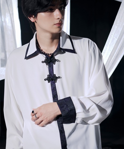 Ellno Loset(エルノロゼット)の「チャイナジャガードシャツ(シャツ/ブラウス・メンズ・ブラック/ブルーグリーン/オフホワイト/ブルーグレー・MEDIUM/SMALL/LARGE)」の2枚目の写真