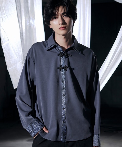 Ellno Loset(エルノロゼット)の「チャイナジャガードシャツ(シャツ/ブラウス・メンズ・ブラック/ブルーグリーン/オフホワイト/ブルーグレー・MEDIUM/SMALL/LARGE)」の3枚目の写真
