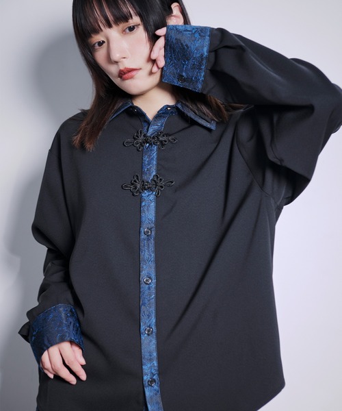 Ellno Loset(エルノロゼット)の「チャイナジャガードシャツ(シャツ/ブラウス・メンズ・ブラック/ブルーグリーン/オフホワイト/ブルーグレー・MEDIUM/SMALL/LARGE)」の1枚目の写真