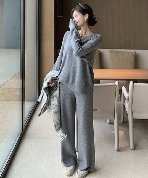Aelina(エリナ)の「ニットVネックトップス&パンツセットアップ(セットアップ・レディース・グレー/ベージュ/キャメル/モカ・FREE)」の6枚目の写真