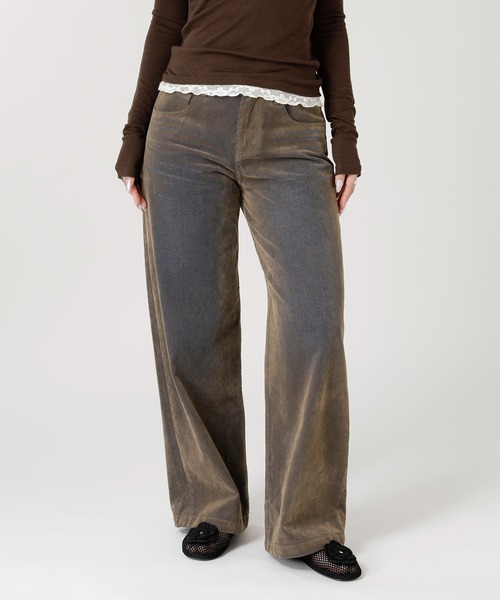 forget-me-nots(フォーゲットミーノッツ)の「FLOCKED DENIM PANTS FMN-26AW-PT002(その他パンツ・レディース・カーキ/バーガンディー・SMALL/MEDIUM)」の1枚目の写真