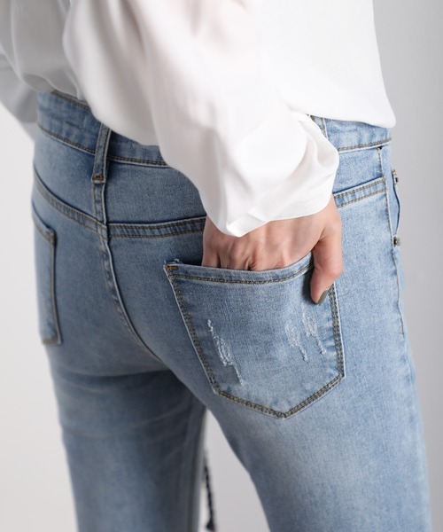 classicalelf（クラシカルエルフ）の「ダメージスキニーデニムパンツ（フルレングス）（デニムパンツ・レディース・サックスブルー/インディゴブルー/ブラック・73/58/61/70/67/76/64）」の14枚目の写真