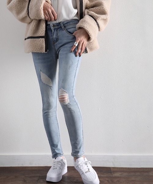 classicalelf（クラシカルエルフ）の「ダメージスキニーデニムパンツ（フルレングス）（デニムパンツ・レディース・サックスブルー/インディゴブルー/ブラック・73/58/61/70/67/76/64）」の11枚目の写真