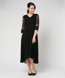 レーススリーブ前後差ヘムロングワンピース