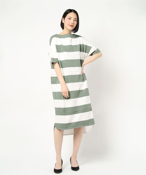 Traditional Weatherwear(トラディショナルウェザーウェア)の「BMB T-DRESS(ワンピース・レディース・イエロー系その他/ホワイト×グリーン・S)」の2枚目の写真