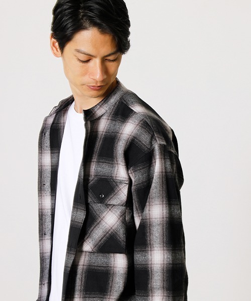 NO COLLAR CHECK SHIRT/ノーカラーチェックシャツ（シャツ/ブラウス