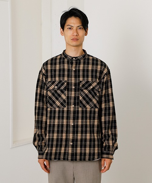 NO COLLAR CHECK SHIRT/ノーカラーチェックシャツ（シャツ/ブラウス