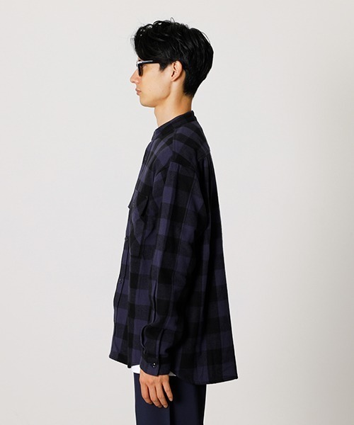 NO COLLAR CHECK SHIRT/ノーカラーチェックシャツ（シャツ/ブラウス