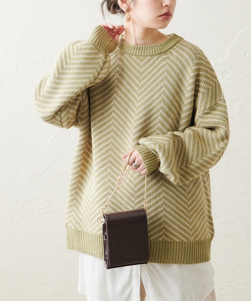 natural couture（ナチュラルクチュール）の「ヘリンボーンジャガードニット（ニット/セーター・レディース・ベージュ/カーキ/アイボリー・FREE）」の3枚目の写真