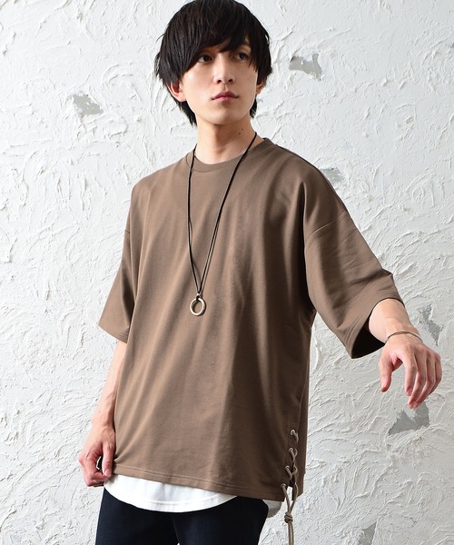 MinoriTY（マイノリティ）の「メンズ5分袖インレイミニ裏毛サイドレースアップビッグシルエットTeeシャツ（Tシャツ/カットソー・メンズ・ブラック/オフホワイト/カーキ/モカ・M/L）」の4枚目の写真