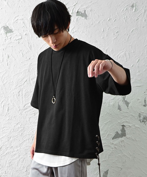 MinoriTY（マイノリティ）の「メンズ5分袖インレイミニ裏毛サイドレースアップビッグシルエットTeeシャツ（Tシャツ/カットソー・メンズ・ブラック/オフホワイト/カーキ/モカ・M/L）」の7枚目の写真