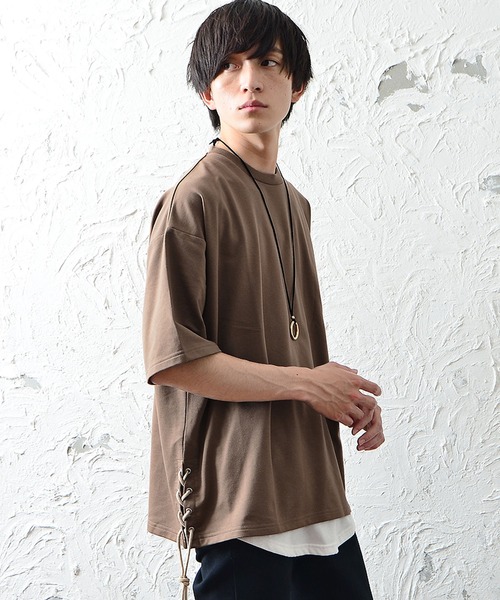 MinoriTY（マイノリティ）の「メンズ5分袖インレイミニ裏毛サイドレースアップビッグシルエットTeeシャツ（Tシャツ/カットソー・メンズ・ブラック/オフホワイト/カーキ/モカ・M/L）」の9枚目の写真