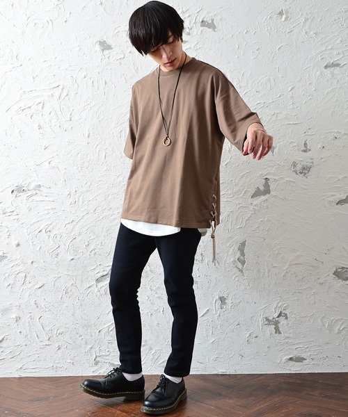 MinoriTY（マイノリティ）の「メンズ5分袖インレイミニ裏毛サイドレースアップビッグシルエットTeeシャツ（Tシャツ/カットソー・メンズ・ブラック/オフホワイト/カーキ/モカ・M/L）」の10枚目の写真