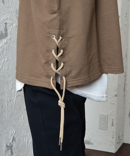 MinoriTY（マイノリティ）の「メンズ5分袖インレイミニ裏毛サイドレースアップビッグシルエットTeeシャツ（Tシャツ/カットソー・メンズ・ブラック/オフホワイト/カーキ/モカ・M/L）」の15枚目の写真