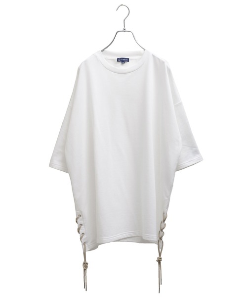 MinoriTY（マイノリティ）の「メンズ5分袖インレイミニ裏毛サイドレースアップビッグシルエットTeeシャツ（Tシャツ/カットソー・メンズ・ブラック/オフホワイト/カーキ/モカ・M/L）」の16枚目の写真