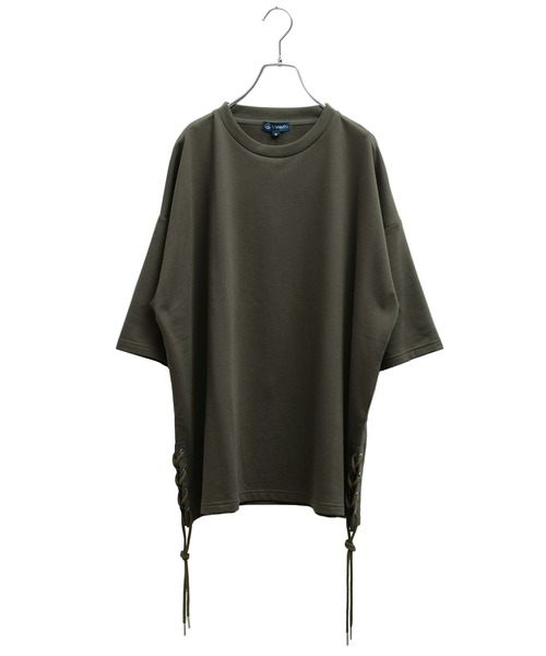 MinoriTY（マイノリティ）の「メンズ5分袖インレイミニ裏毛サイドレースアップビッグシルエットTeeシャツ（Tシャツ/カットソー・メンズ・ブラック/オフホワイト/カーキ/モカ・M/L）」の19枚目の写真