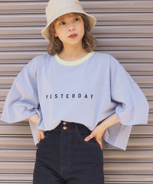 tiptop（ティップトップ）の「ボーダーショート丈Tシャツ（Tシャツ/カットソー・レディース・グリーン/ブルー/ホワイト系その他/ベージュ/サックスブルー/ラベンダー/オフホワイト・FREE）」の7枚目の写真