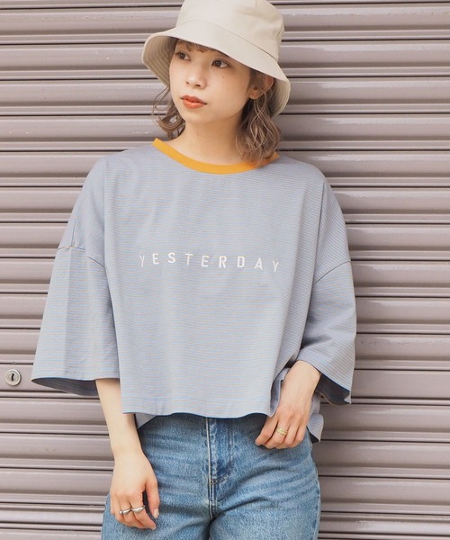 tiptop（ティップトップ）の「ボーダーショート丈Tシャツ（Tシャツ/カットソー・レディース・グリーン/ブルー/ホワイト系その他/ベージュ/サックスブルー/ラベンダー/オフホワイト・FREE）」の5枚目の写真