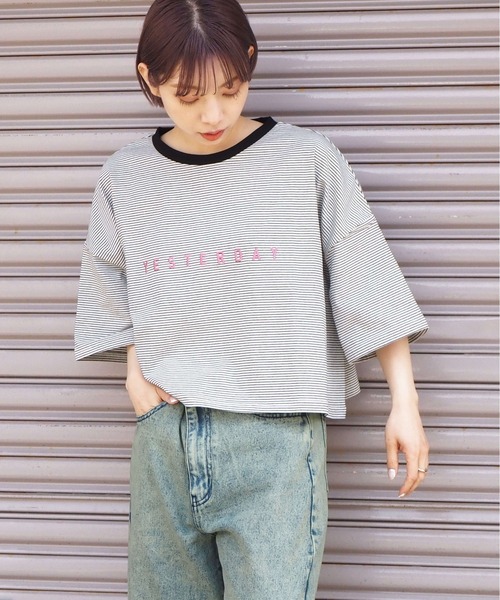 tiptop（ティップトップ）の「ボーダーショート丈Tシャツ（Tシャツ/カットソー・レディース・グリーン/ブルー/ホワイト系その他/ベージュ/サックスブルー/ラベンダー/オフホワイト・FREE）」の20枚目の写真