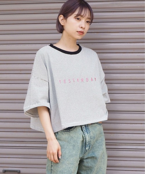 tiptop（ティップトップ）の「ボーダーショート丈Tシャツ（Tシャツ/カットソー・レディース・グリーン/ブルー/ホワイト系その他/ベージュ/サックスブルー/ラベンダー/オフホワイト・FREE）」の19枚目の写真