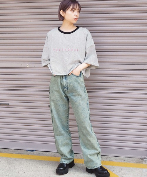 tiptop（ティップトップ）の「ボーダーショート丈Tシャツ（Tシャツ/カットソー・レディース・グリーン/ブルー/ホワイト系その他/ベージュ/サックスブルー/ラベンダー/オフホワイト・FREE）」の18枚目の写真