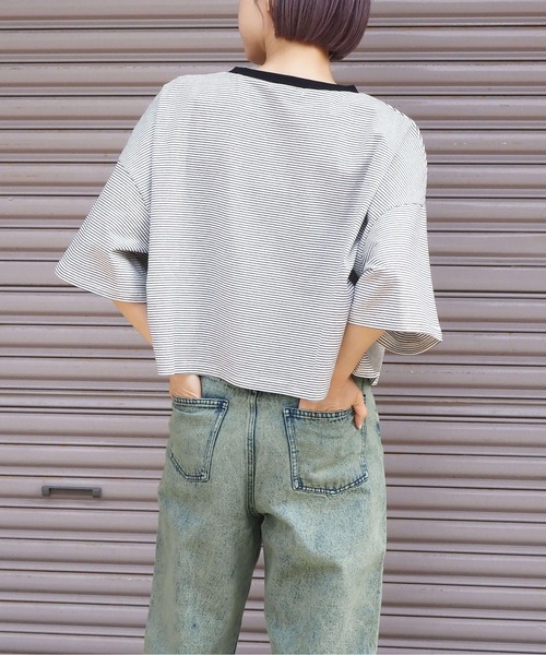 tiptop（ティップトップ）の「ボーダーショート丈Tシャツ（Tシャツ/カットソー・レディース・グリーン/ブルー/ホワイト系その他/ベージュ/サックスブルー/ラベンダー/オフホワイト・FREE）」の17枚目の写真