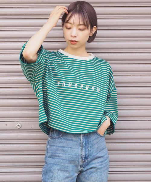 tiptop（ティップトップ）の「ボーダーショート丈Tシャツ（Tシャツ/カットソー・レディース・グリーン/ブルー/ホワイト系その他/ベージュ/サックスブルー/ラベンダー/オフホワイト・FREE）」の15枚目の写真