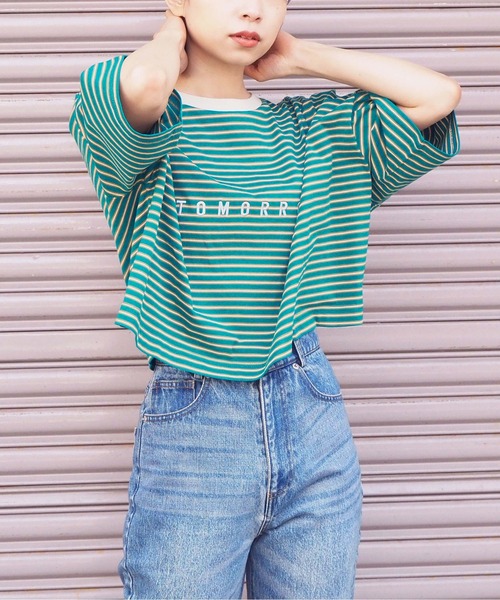 tiptop（ティップトップ）の「ボーダーショート丈Tシャツ（Tシャツ/カットソー・レディース・グリーン/ブルー/ホワイト系その他/ベージュ/サックスブルー/ラベンダー/オフホワイト・FREE）」の14枚目の写真