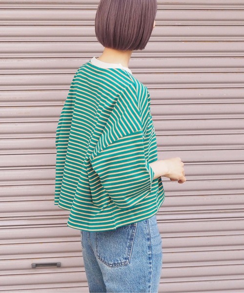 tiptop（ティップトップ）の「ボーダーショート丈Tシャツ（Tシャツ/カットソー・レディース・グリーン/ブルー/ホワイト系その他/ベージュ/サックスブルー/ラベンダー/オフホワイト・FREE）」の12枚目の写真