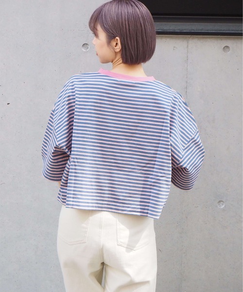 tiptop（ティップトップ）の「ボーダーショート丈Tシャツ（Tシャツ/カットソー・レディース・グリーン/ブルー/ホワイト系その他/ベージュ/サックスブルー/ラベンダー/オフホワイト・FREE）」の8枚目の写真