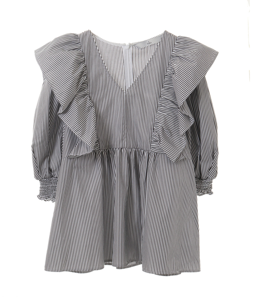 Tiara（ティアラ）の「Vネックフリルブラウス（シャツ/ブラウス・レディース・ストライプ/チェック/ブラック・FREE）」の4枚目の写真