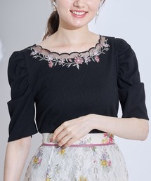 tocco closet | フラワーエンブロイダリースカラチュールネックパワーショルダーリブトップス(Tシャツ/カットソー)