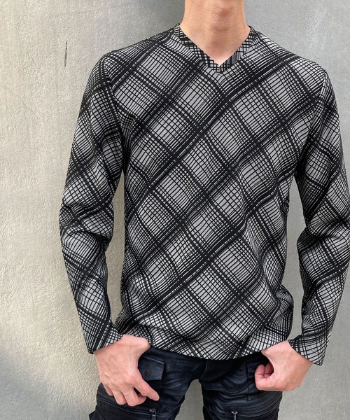 HIDEAWAYS NICOLE(ハイダウェイニコル)の「ブリスターチェックジャカード長袖Vネック(Tシャツ/カットソー・メンズ・ホワイト×ライトグレー/ネイビー×ホワイト/ブラック×ホワイト・LARGE/MEDIUM/X-LARGE)」の3枚目の写真