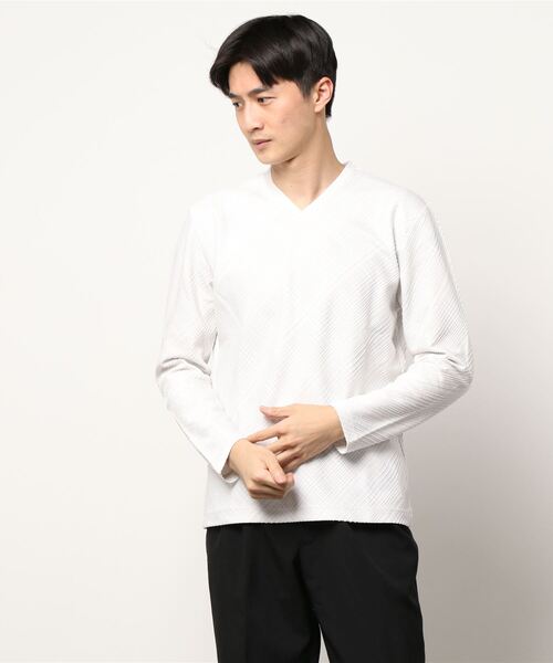 HIDEAWAYS NICOLE(ハイダウェイニコル)の「ブリスターチェックジャカード長袖Vネック(Tシャツ/カットソー・メンズ・ホワイト×ライトグレー/ネイビー×ホワイト/ブラック×ホワイト・LARGE/MEDIUM/X-LARGE)」の12枚目の写真