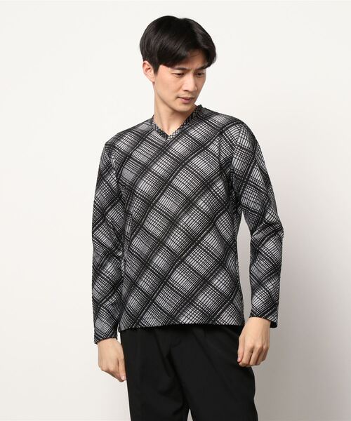 HIDEAWAYS NICOLE(ハイダウェイニコル)の「ブリスターチェックジャカード長袖Vネック(Tシャツ/カットソー・メンズ・ホワイト×ライトグレー/ネイビー×ホワイト/ブラック×ホワイト・LARGE/MEDIUM/X-LARGE)」の13枚目の写真