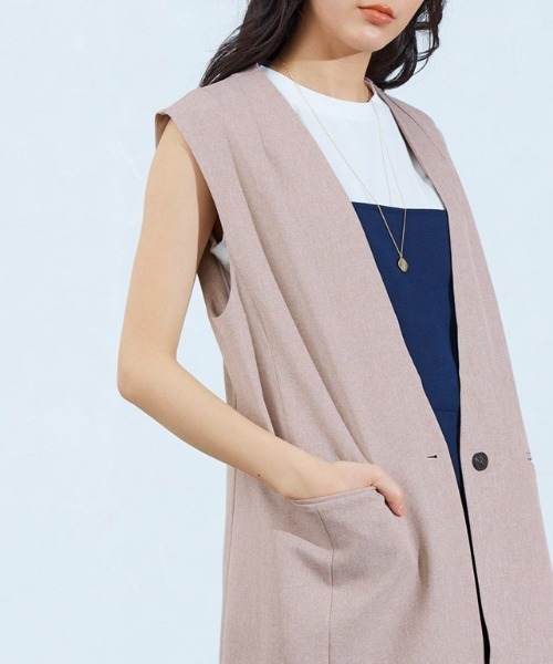 Pierrot（ピエロ）の「リネンライクノーカラージレ（ノーカラージャケット・レディース・ベージュ/ブルー系その他・M/L）」の5枚目の写真