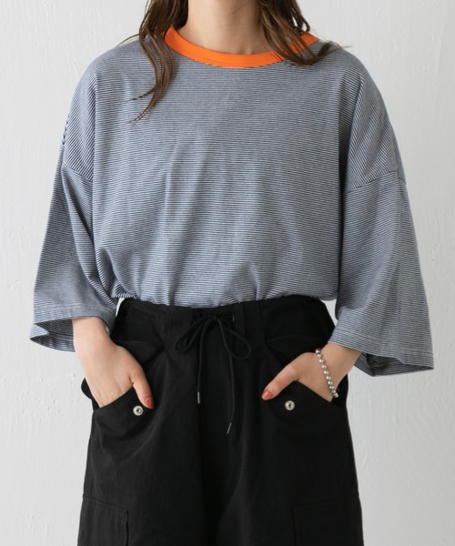 WHIMSIC(ウィムジック)の「【WHIMSIC】マイクロボーダーTシャツ(Tシャツ/カットソー・レディース・ネイビー/ブラウン/モカ/ピンク/グレー/ブルー・FREE)」の16枚目の写真