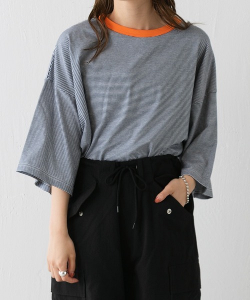 WHIMSIC(ウィムジック)の「【WHIMSIC】マイクロボーダーTシャツ(Tシャツ/カットソー・レディース・ネイビー/ブラウン/モカ/ピンク/グレー/ブルー・FREE)」の18枚目の写真