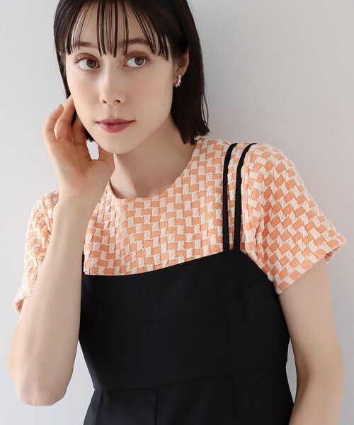 Ray BEAMS（レイビームス）の「Ray BEAMS / フクレ ジャカード チェッカー Tシャツ（Tシャツ/カットソー・レディース・ライトブルー/ダークブラウン/オレンジ・ONE SIZE）」の6枚目の写真
