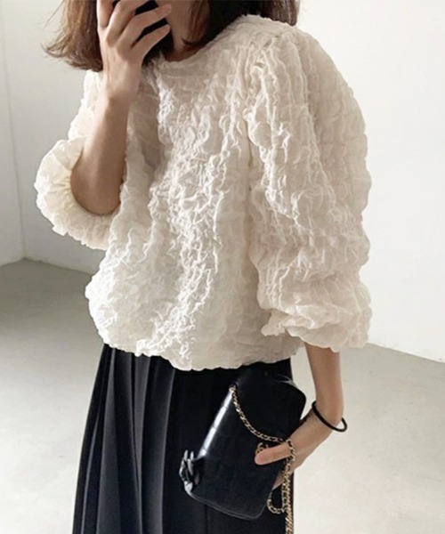 ★Since Then シフォン パフスリーブ セットアップ送料込 シフォンスリーブブラウス パール付きパフスリーブ オーガンジー