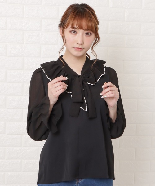 Lace Ladies(レースレディース)の「配色ラッフルボウタイブラウス(シャツ/ブラウス・レディース・ホワイト/ブラック・M/XL/L/S)」の1枚目の写真