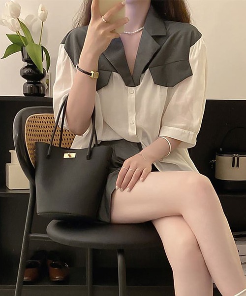 Girly Doll（ガーリードール）の「ツーピースセット ドッキングシャツ＆フレアショートパンツセットアップ（セットアップ・レディース・グレー/ブラウン・F）」の17枚目の写真