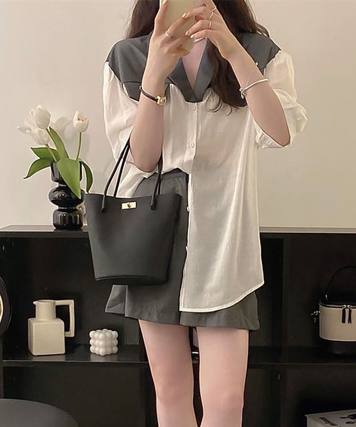 Girly Doll（ガーリードール）の「ツーピースセット ドッキングシャツ＆フレアショートパンツセットアップ（セットアップ・レディース・グレー/ブラウン・F）」の20枚目の写真