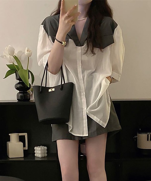 Girly Doll（ガーリードール）の「ツーピースセット ドッキングシャツ＆フレアショートパンツセットアップ（セットアップ・レディース・グレー/ブラウン・F）」の3枚目の写真