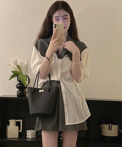 Girly Doll（ガーリードール）の「ツーピースセット ドッキングシャツ＆フレアショートパンツセットアップ（セットアップ・レディース・グレー/ブラウン・F）」の8枚目の写真