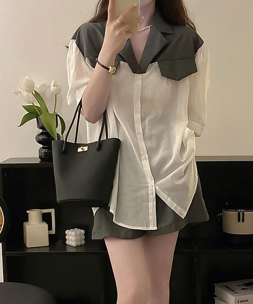 Girly Doll（ガーリードール）の「ツーピースセット ドッキングシャツ＆フレアショートパンツセットアップ（セットアップ・レディース・グレー/ブラウン・F）」の15枚目の写真